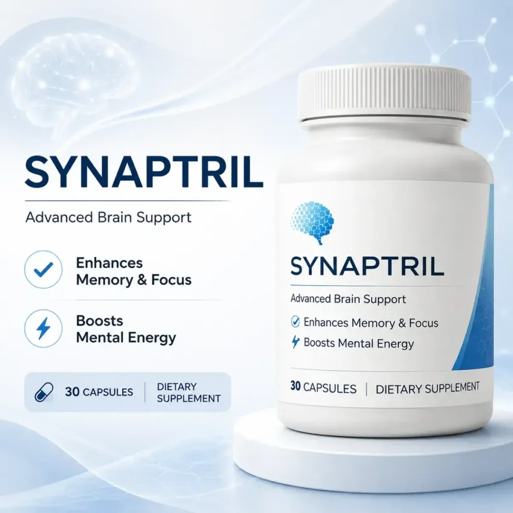 Synaptril portable brain support supplement bottle with lifestyle imagery