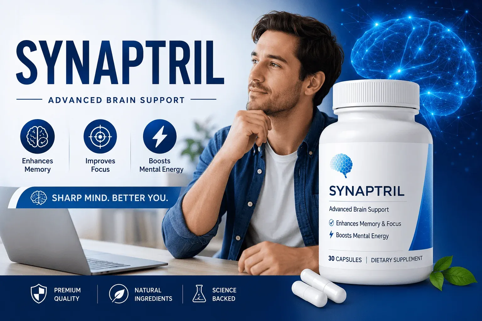 Synaptril advanced brain support supplement — enhances memory and focus, boosts mental energy